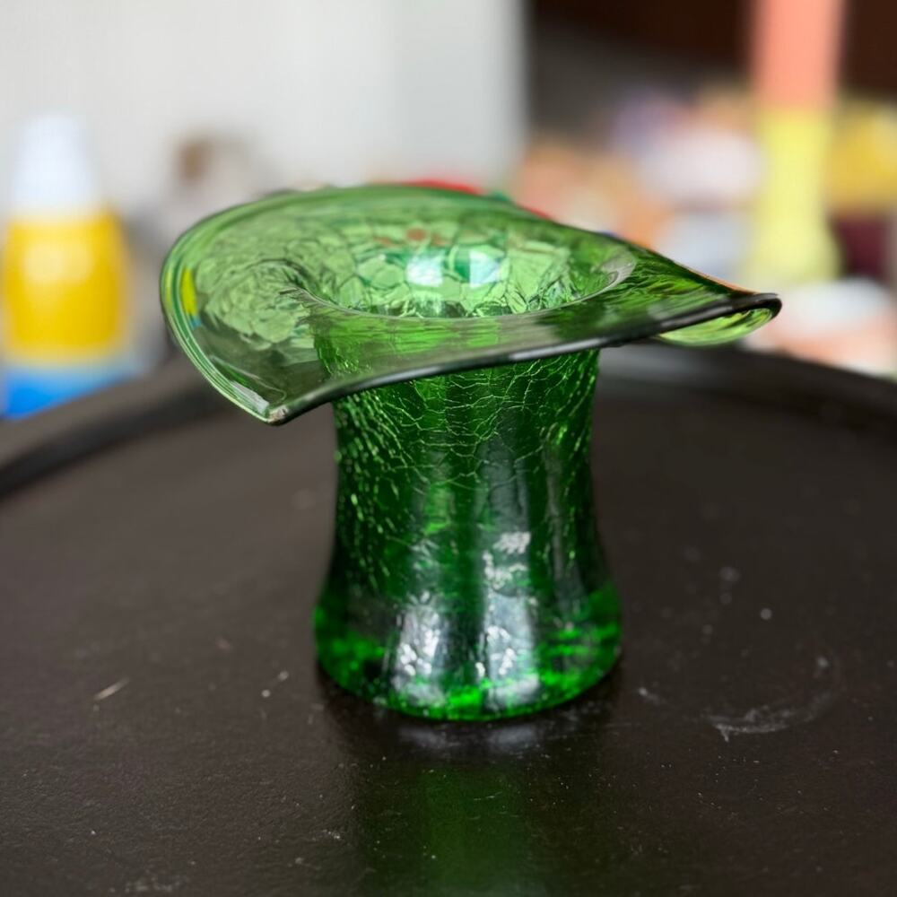 Vintage Crackle Glass Hat Vase – Emerald Green